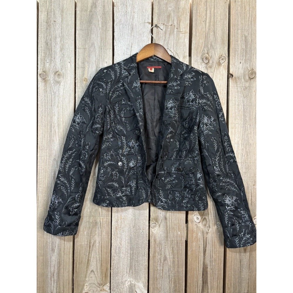 Tapemeasure Anthropologie Quilted Jacket Black With Gray Embroidery Womens 6